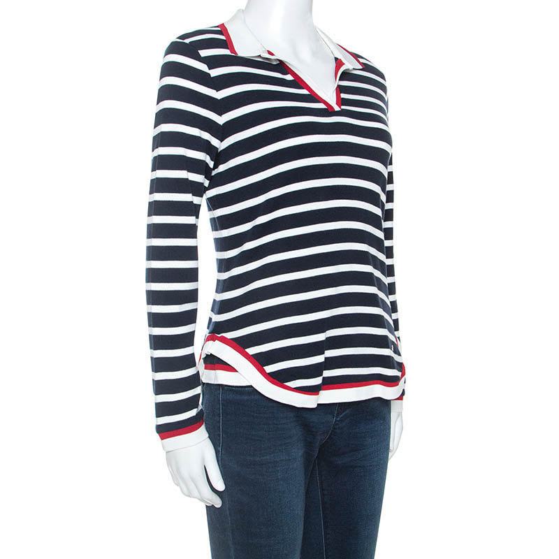 

CH Carolina Herrera Navy Blue Striped Cotton Long Sleeve Polo Shirt