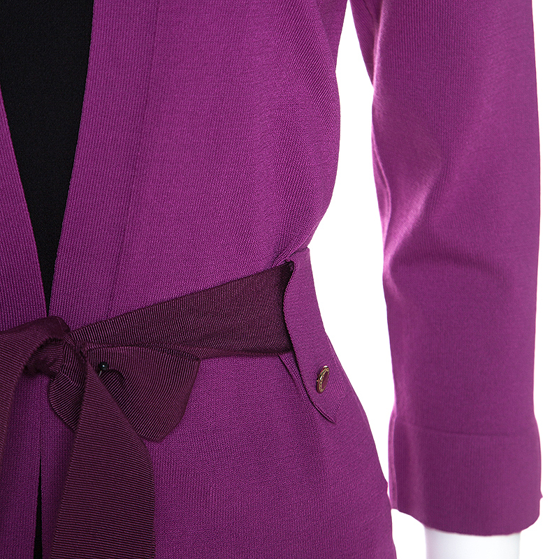 Pre-owned Ch Carolina Herrera Purple Stretch Knit Belted Cardigan Xs