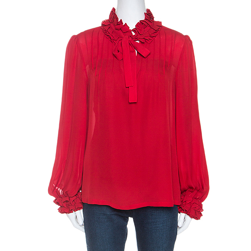 Pre Owned CH Carolina Herrera Red Silk Ruffle Trim Blouse L