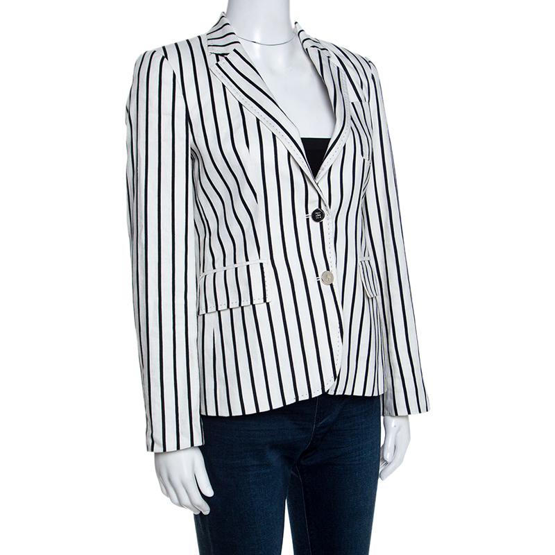 

CH Carolina Herrera Monochrome Striped Linen Blend Blazer, White