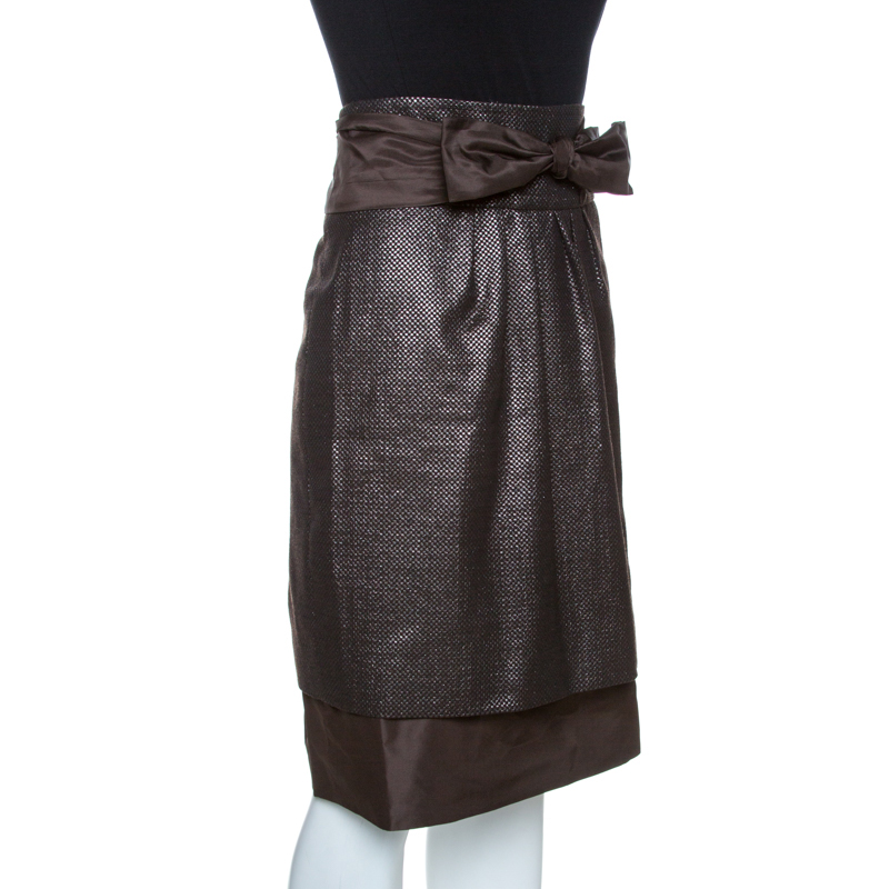 

CH Carolina Herrera Brown Lurex Jacquard Silk Bow Detail Skirt