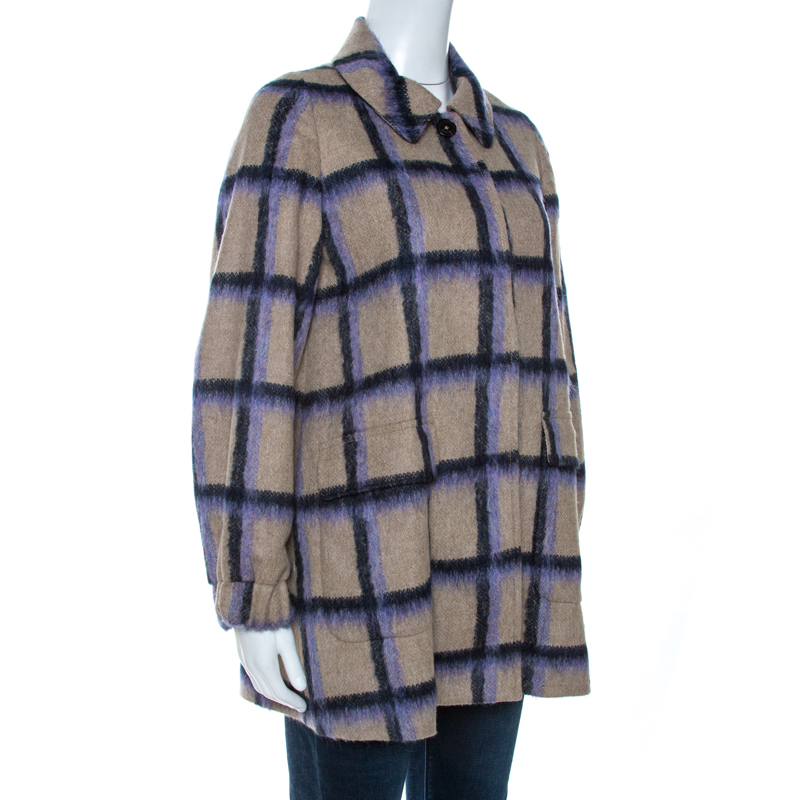 

CH Carolina Herrera Beige Alpaca Trim Windowpane Check Coat