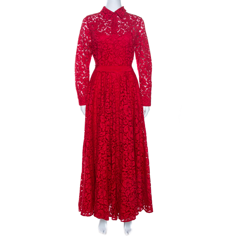 CH Carolina Herrera Red Cotton Blend Lace Maxi Shirt Dress L