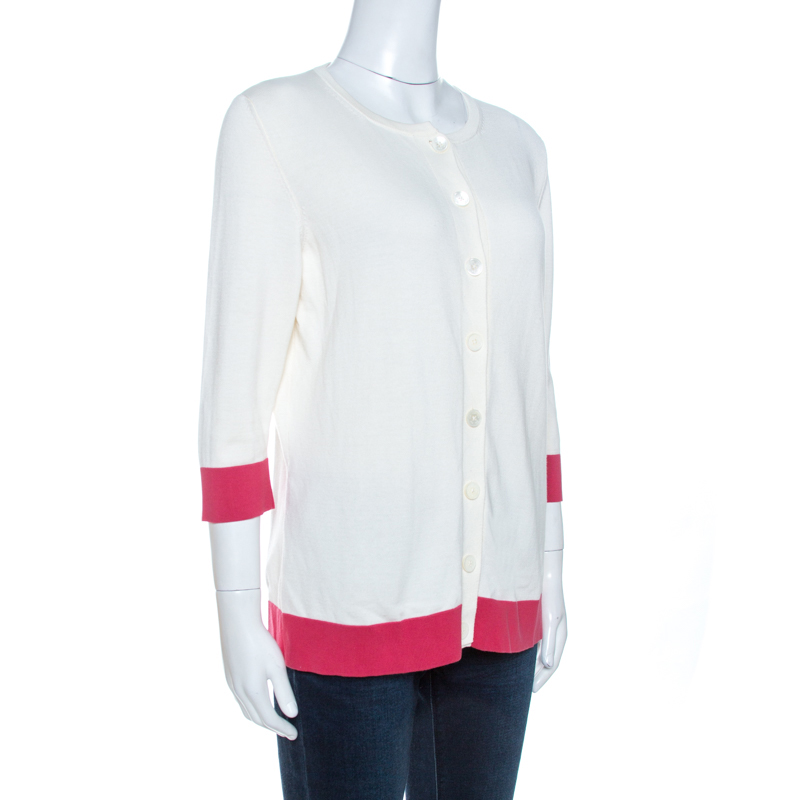

CH Carolina Herrera Bicolor Knit Button Front Cardigan, White