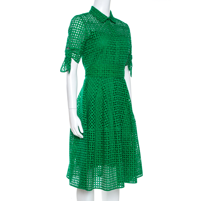 

CH Carolina Herrera Green Eyelet Lace Tie Detail Midi Dress