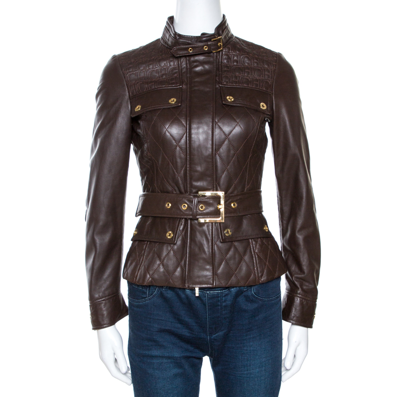 Pre-owned Ch Carolina Herrera Brown Leather Belted Jacket Xs