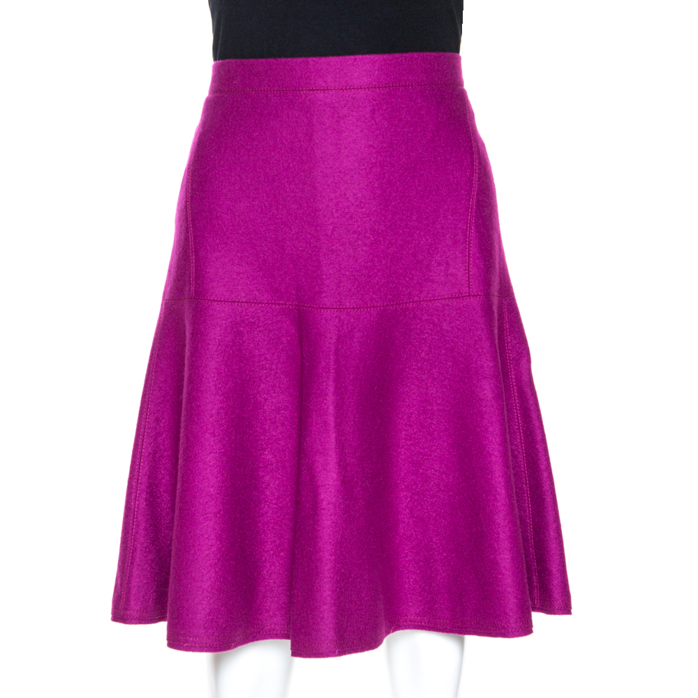 CH Carolina Herrera Fuschia Fleece Wool Flared Skirt L