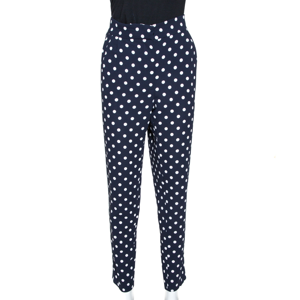 Pre-owned Ch Carolina Herrera Navy Blue Polka Dotted Tapered High Waist Trousers M