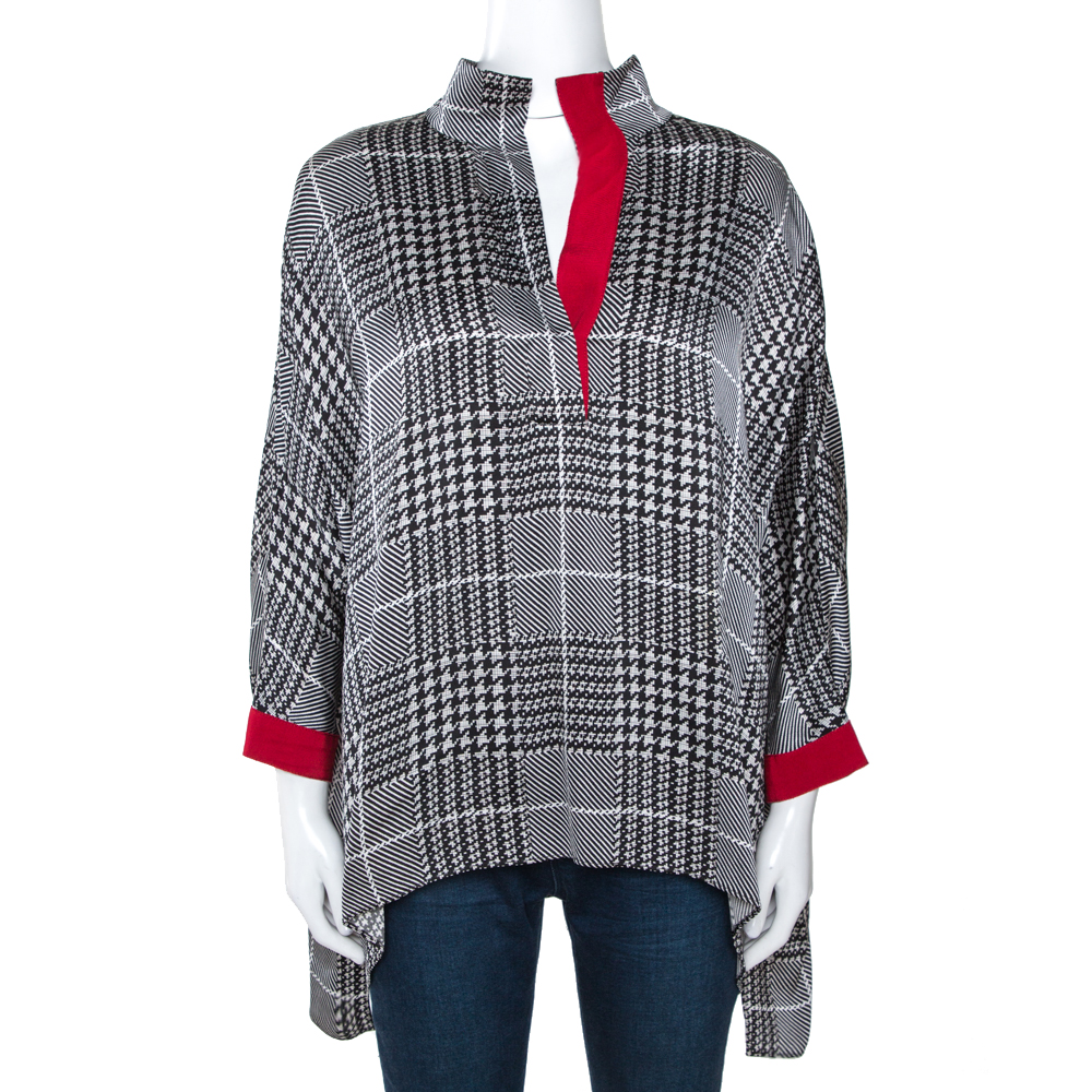Pre Owned CH Carolina Herrera Monochrome Houndstooth Printed Satin Top S