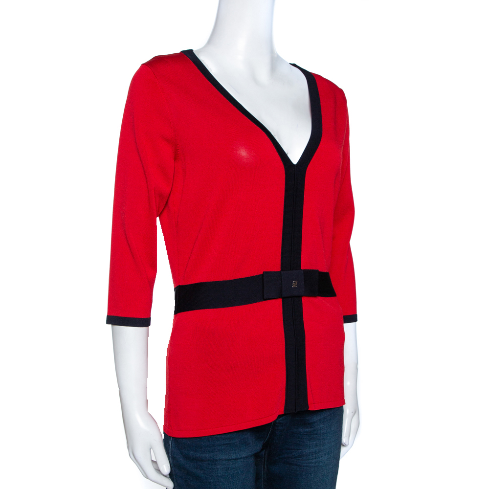 

CH Carolina Herrera Red Knit Contrast Trim Detail Top