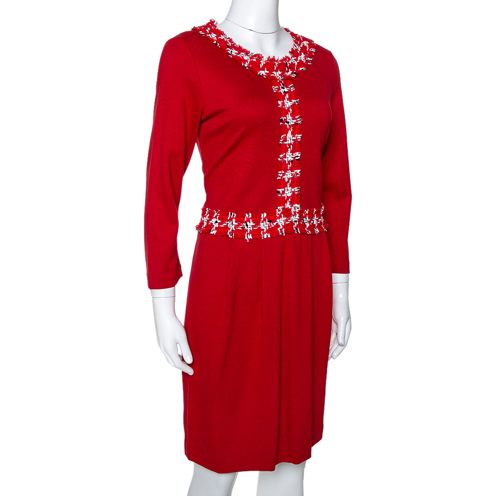 

CH Carolina Herrera Red Stretch Knit Boucle Trim Midi Dress