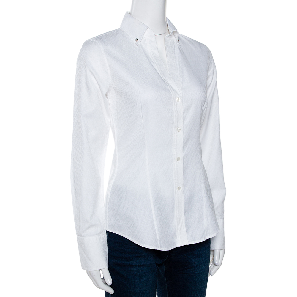 

CH Carolina Herrera White Cotton Jacquard Logo Pattern Button Front Shirt