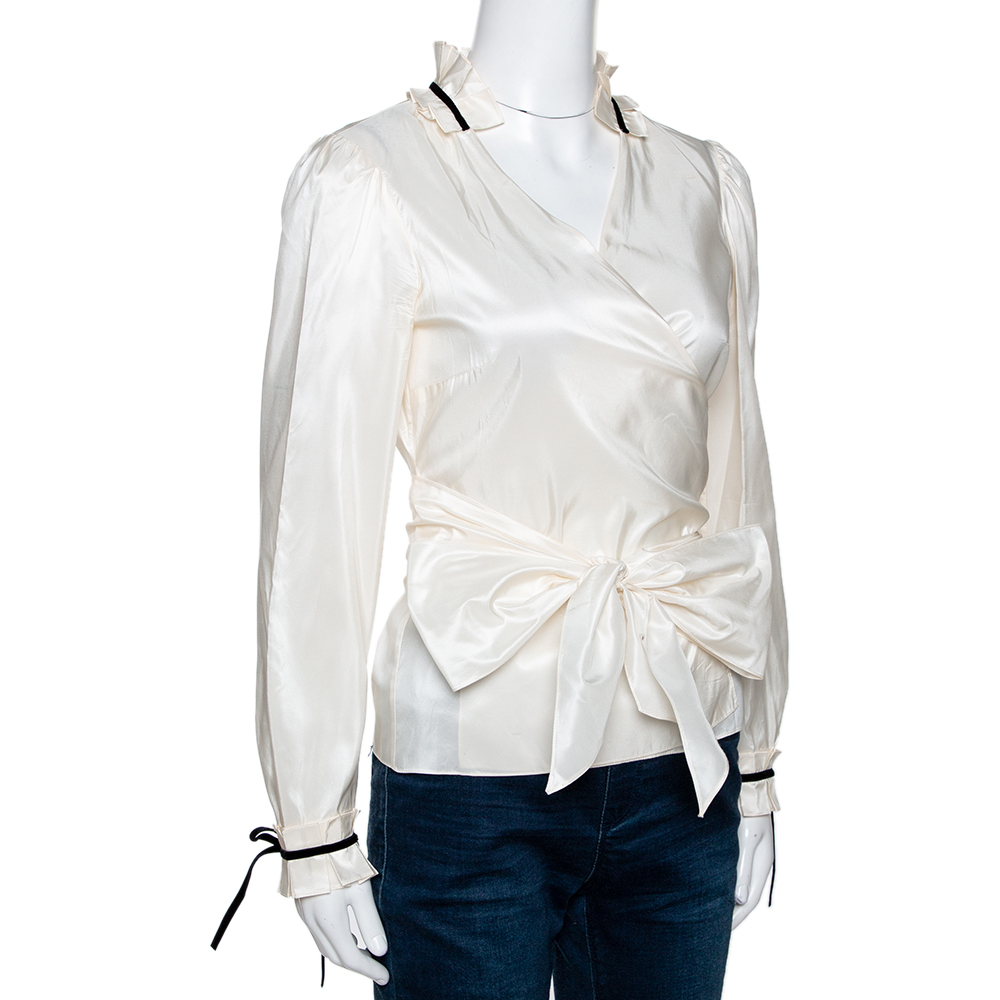 

CH Carolina Herrera Cream Silk Bow Tie Front Blouse