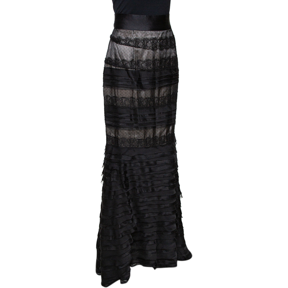 

CH Carolina Herrera Black Silk Lace Trim Layered Maxi Skirt