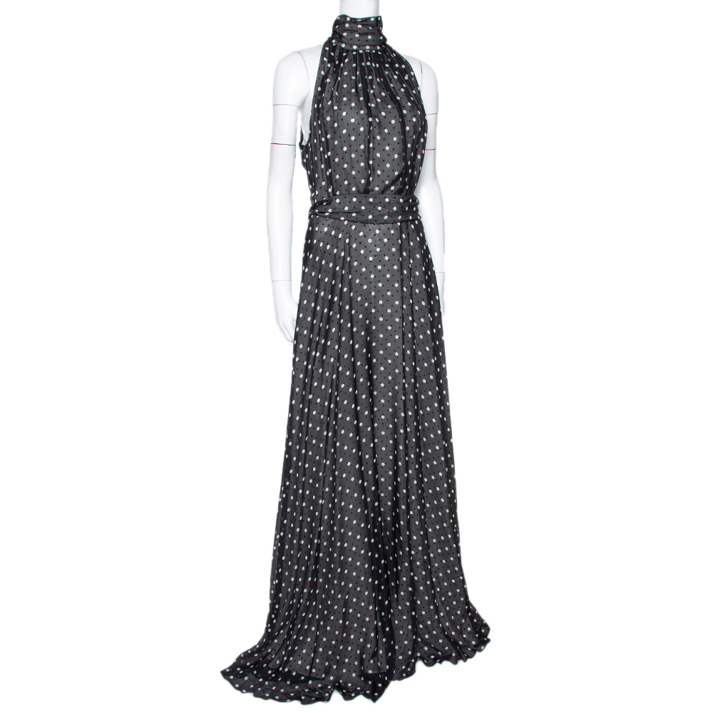 

CH Carolina Herrera Monochrome Polka Dot Silk Belted Maxi Dress, Black