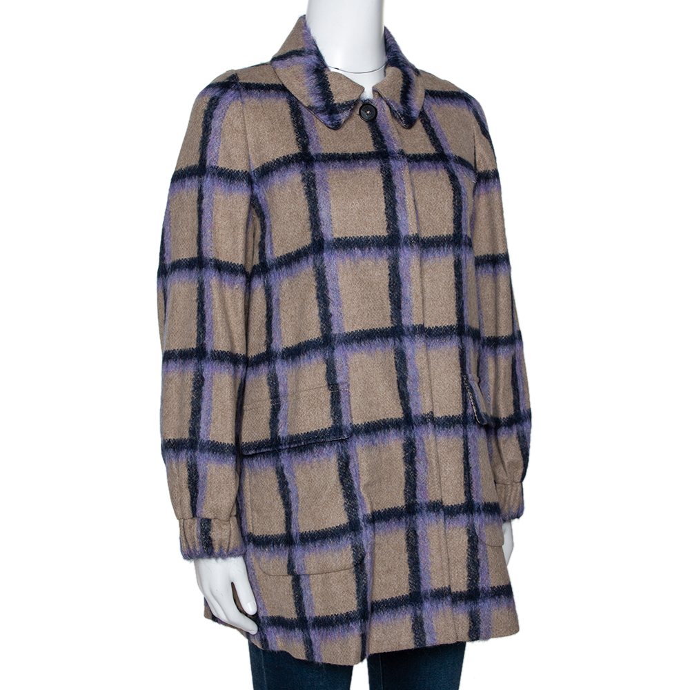 

CH Carolina Herrera Beige Windowpane Checked Wool Coat