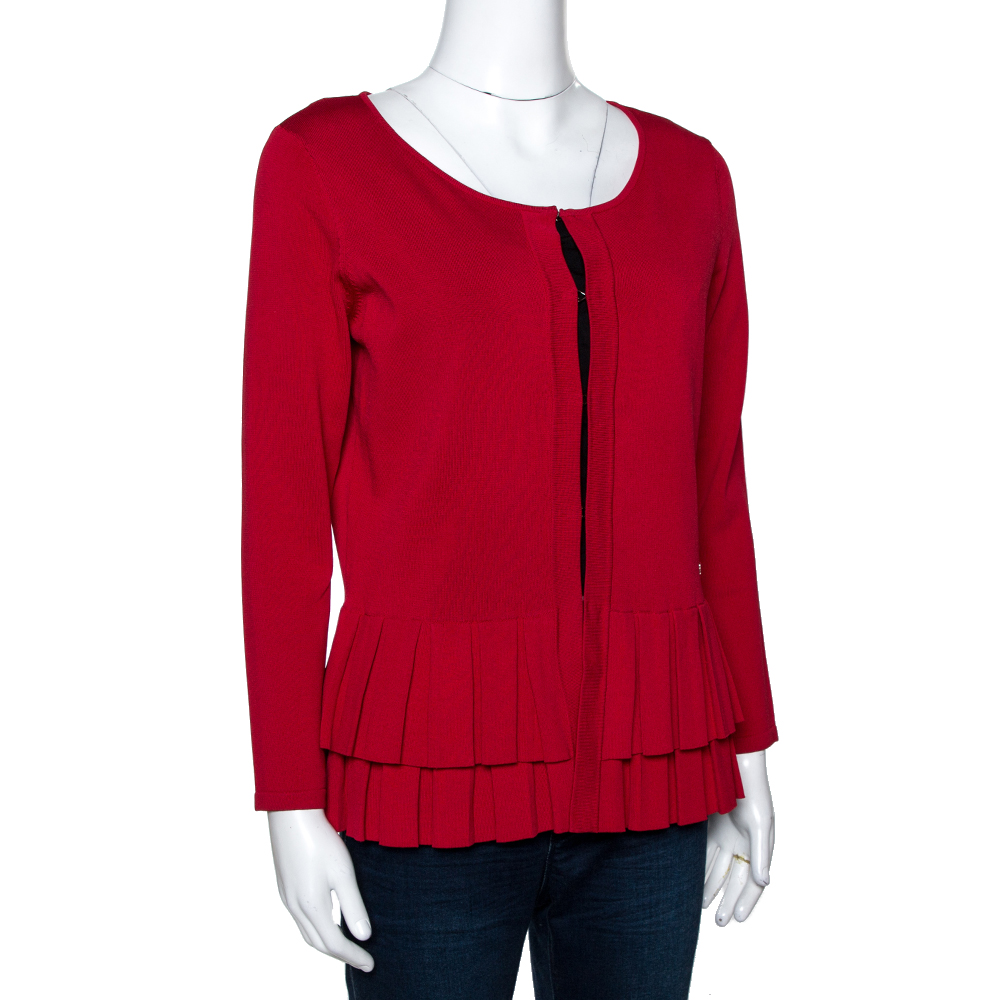 

CH Carolina Herrera Red Knit Pleated Hem Cardigan