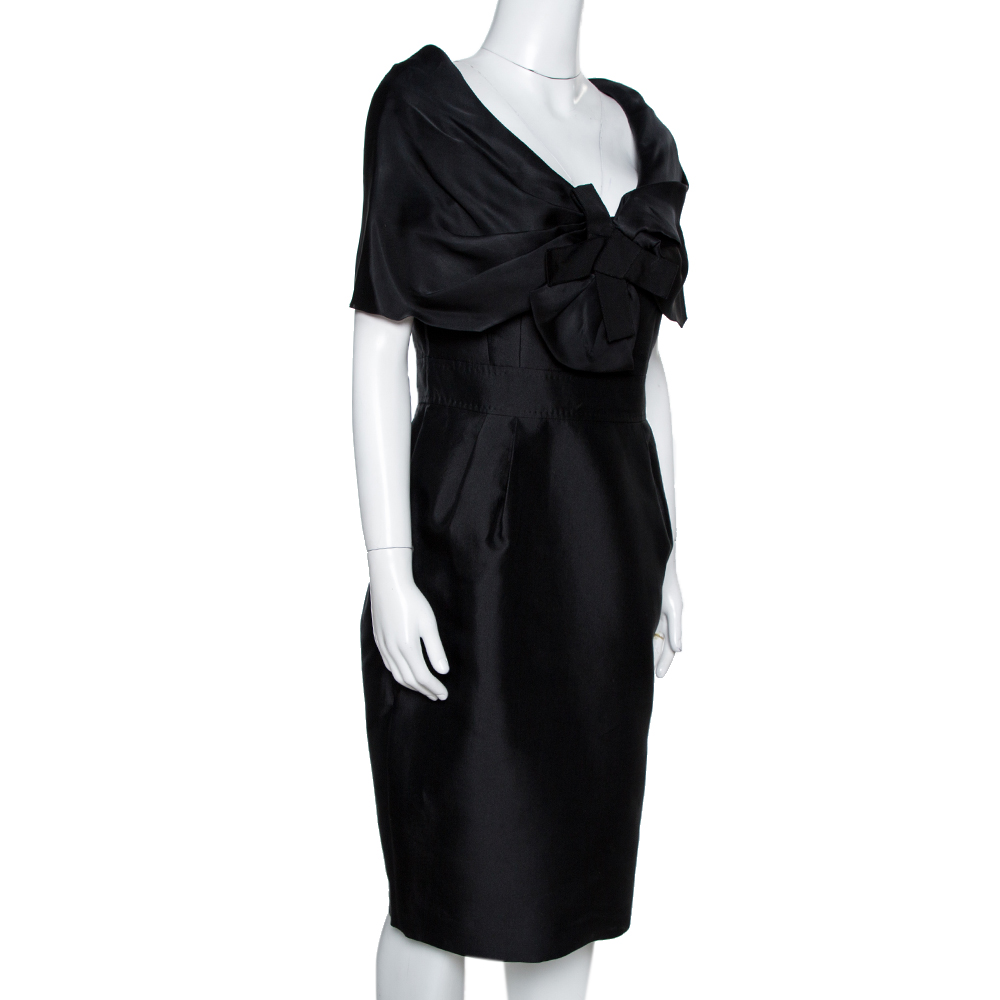 

CH Carolina Herrera Black Silk Draped Collar Bow Detail Dress