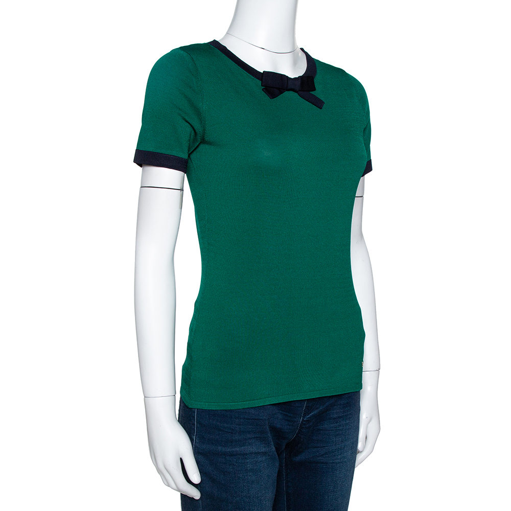 

CH Carolina Herrera Emerald Green Knit Contrast Bow Detail Short Sleeve Top