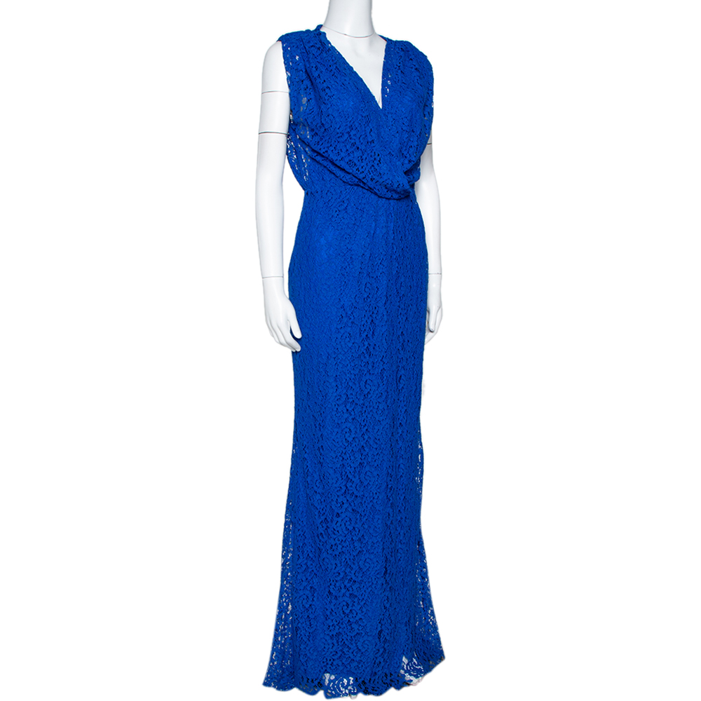 

CH Carolina Herrera Cobalt Blue Floral Lace Draped Gown, Black