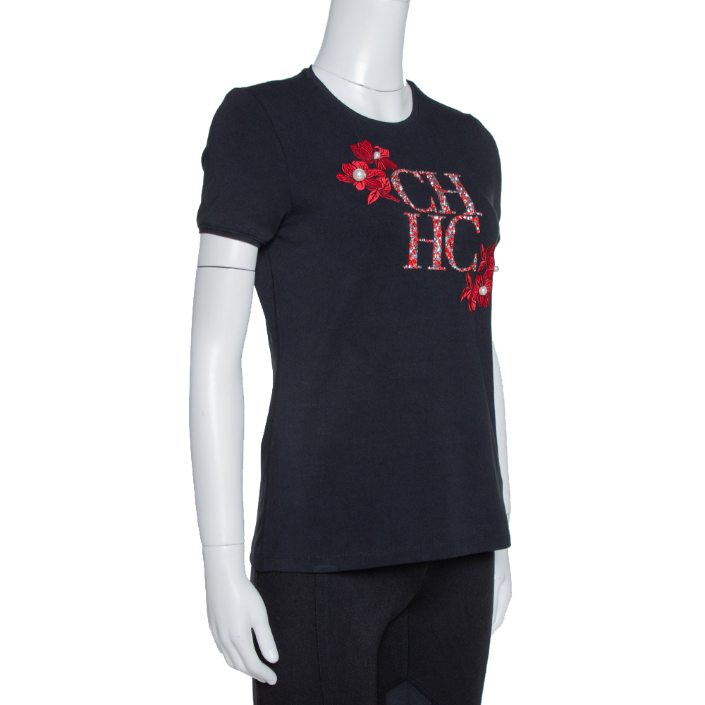 

CH Carolina Herrera Black Cotton Logo Embellished T-Shirt