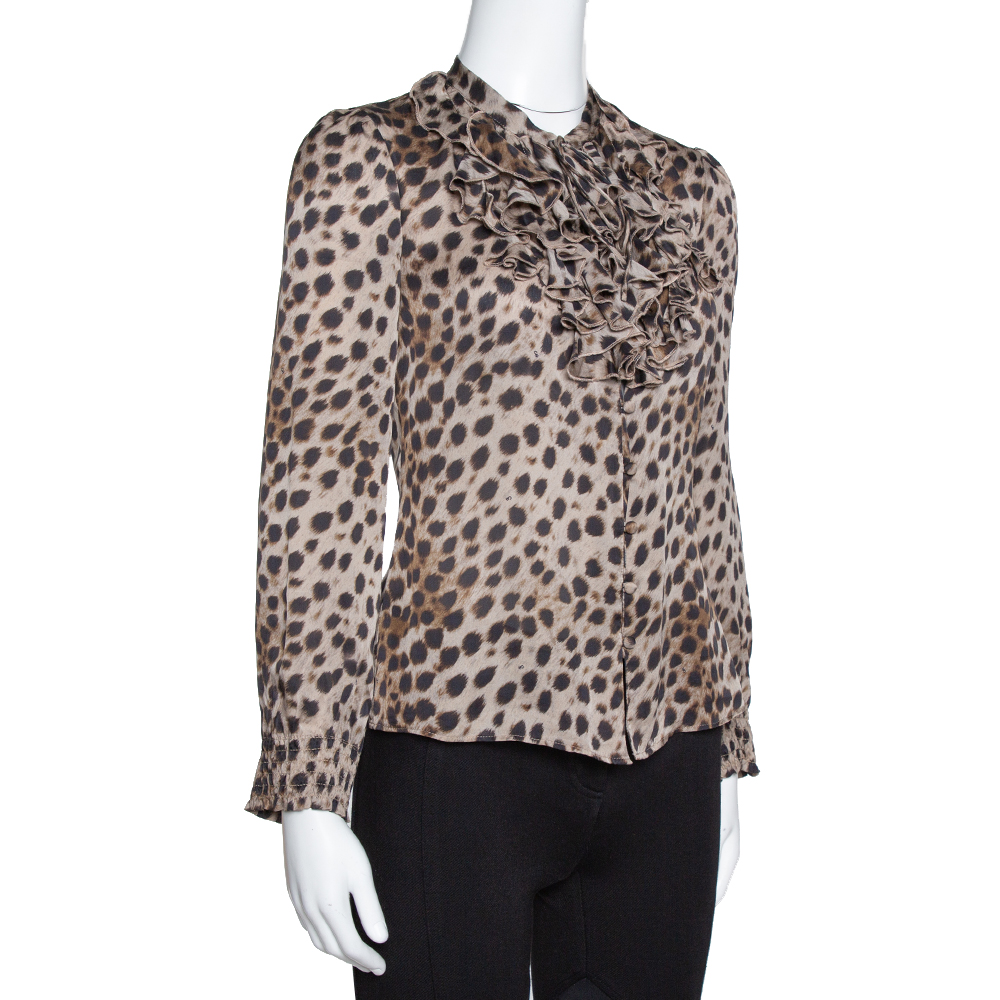 

CH Carolina Herrera Brown Leopard Print Silk Ruffled Blouse, Beige
