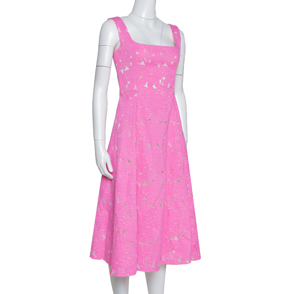 

CH Carolina Herrera Pink Floral Jacquard Sleeveless Flared Dress