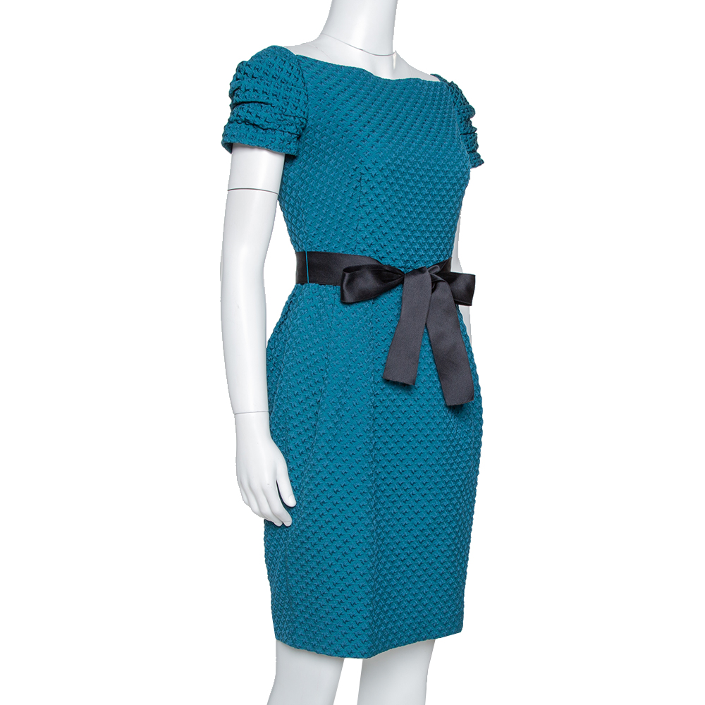 

CH Carolina Herrera Teal Houndstooth Pattern Embossed Sheath Dress, Blue