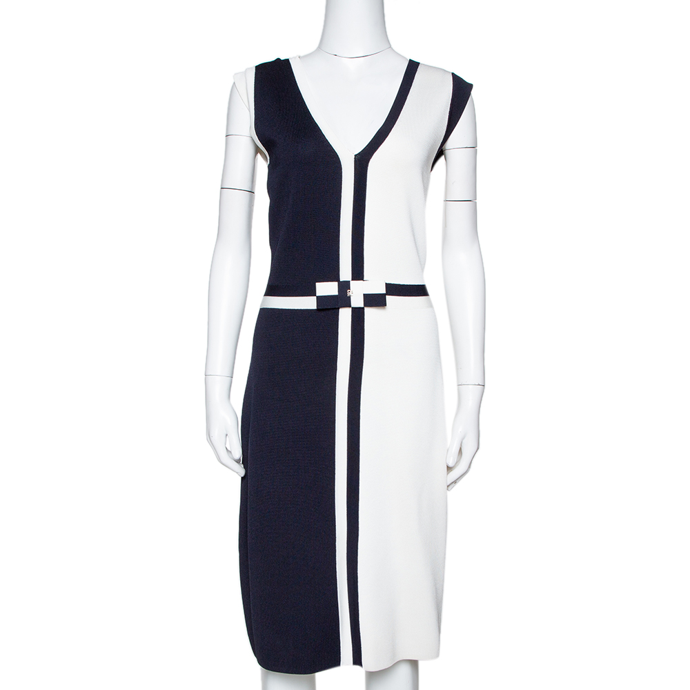 Click to view more detailed imagery on our partner's website Pre-owned Ch Carolina Herrera Color Block Knit Bow Detail Sheath Dress M In Navy Blue