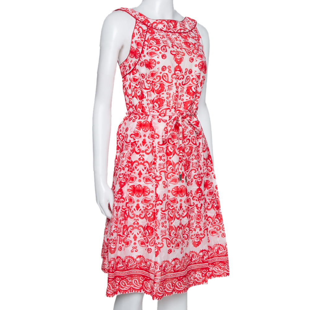 

CH Carolina Herrera Red & White Floral Print Cotton Sleeveless Dress