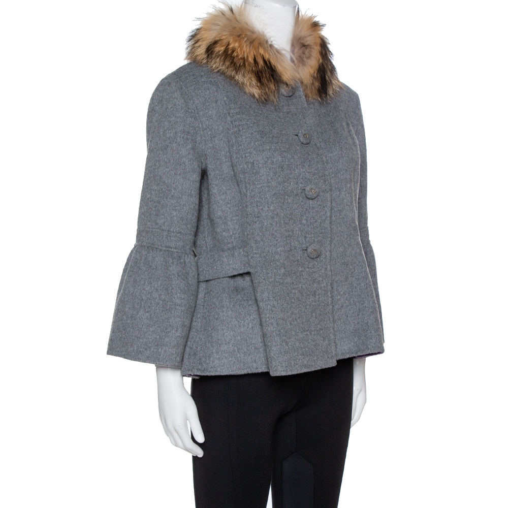 

CH Carolina Herrera Grey Wool Fur Trim Peplum Jacket