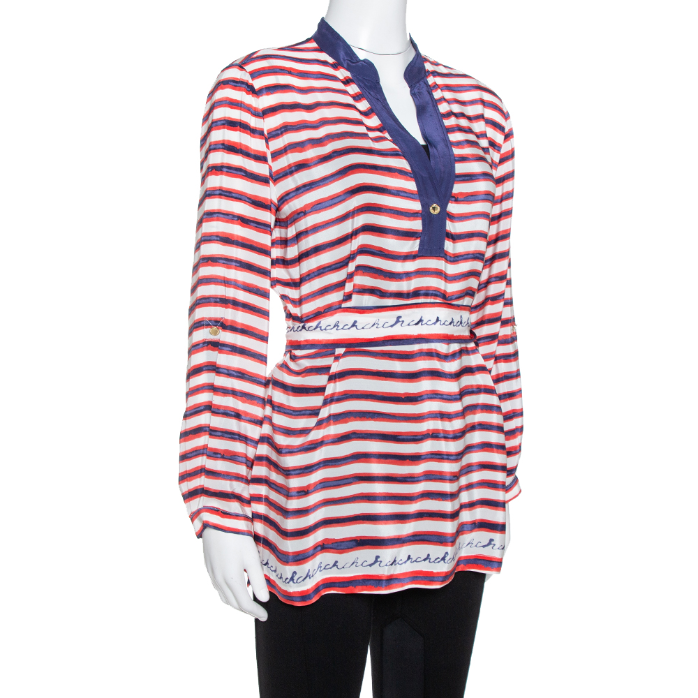 

CH Carolina Herrera White Striped Ramie & Silk Belted Top