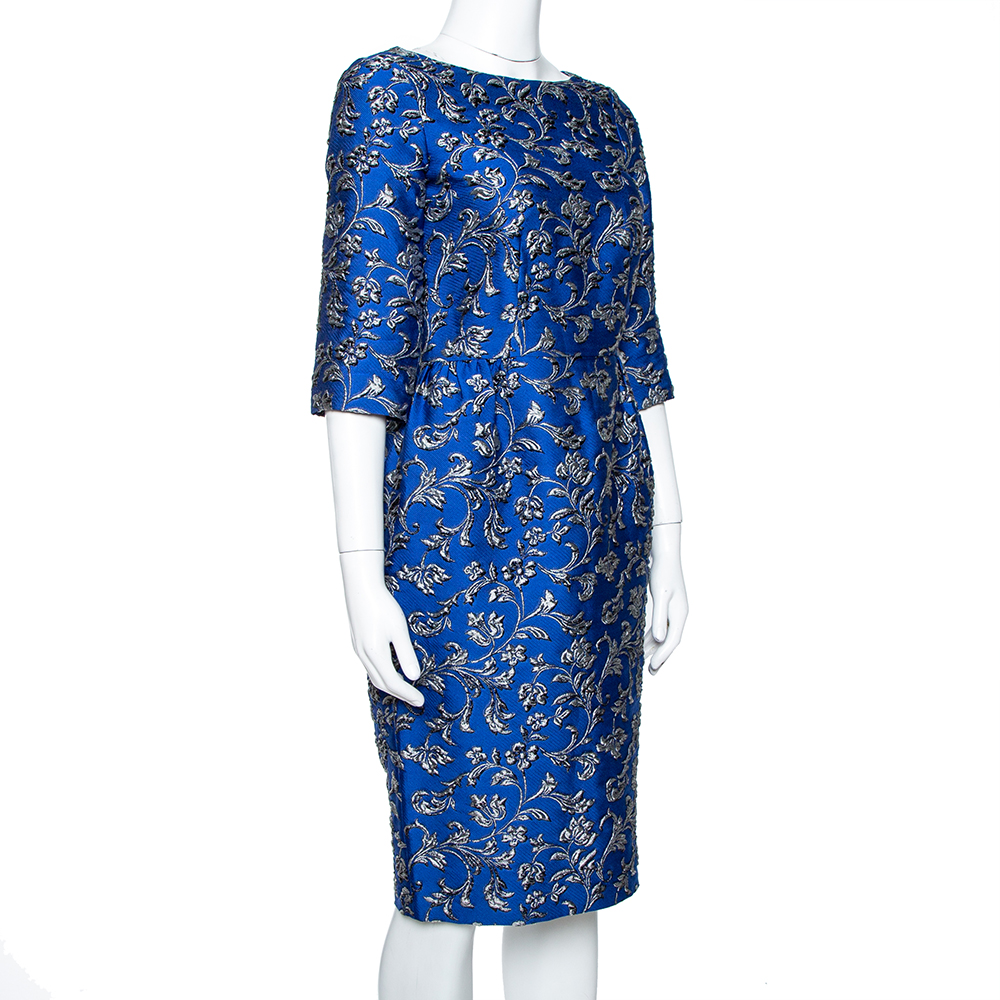 

CH Carolina Herrera Cobalt Blue Floral Jacquard Sheath Dress