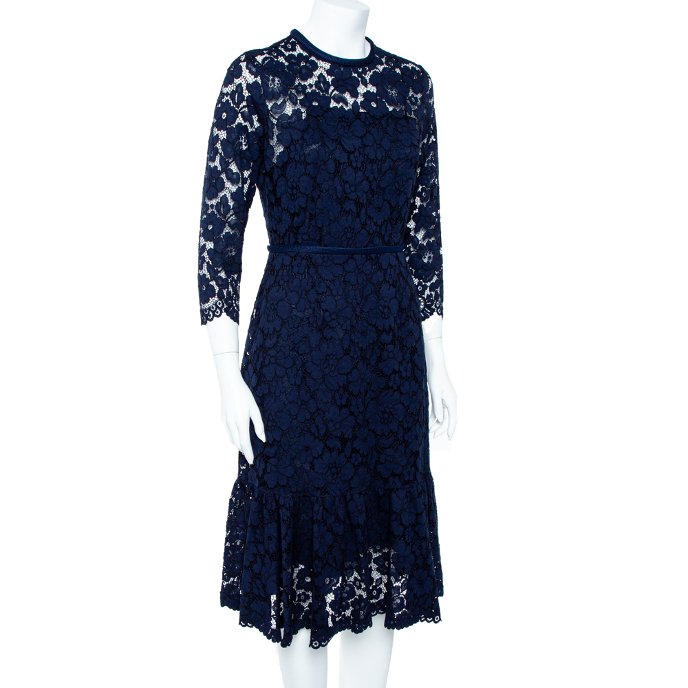 

CH Carolina Herrera Navy Blue Lace Flounce Hem Midi Dress