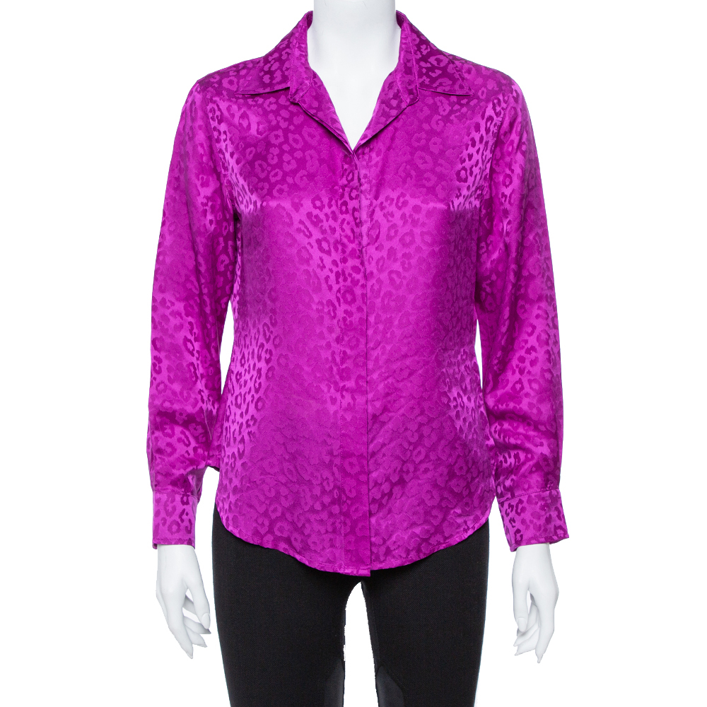 Pre Owned CH Carolina Herrera Purple Leopard Pattern Silk Long Sleeve Blouse L