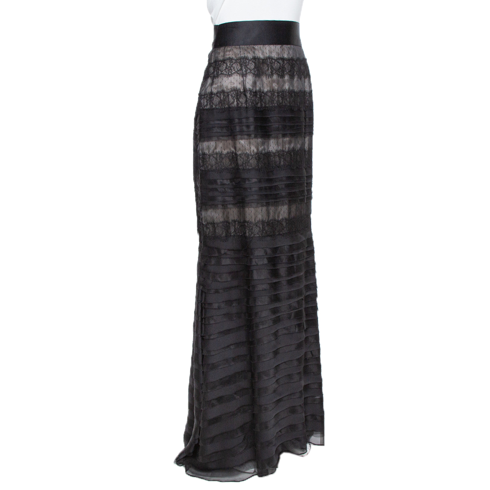 

CH Carolina Herrera Black Silk & Lace Trim Layered Maxi Skirt