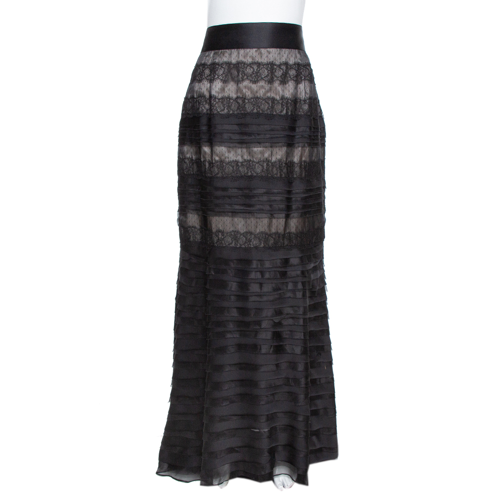 CH Carolina Herrera Black Silk & Lace Trim Layered Maxi Skirt L