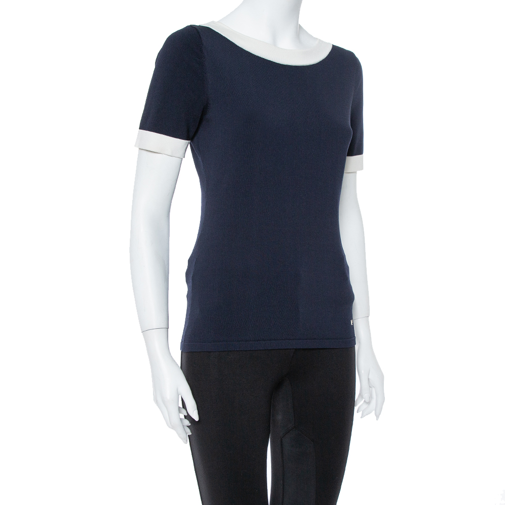 

CH Carolina Herrera Navy Blue Knit Contrast Bow Detail Top