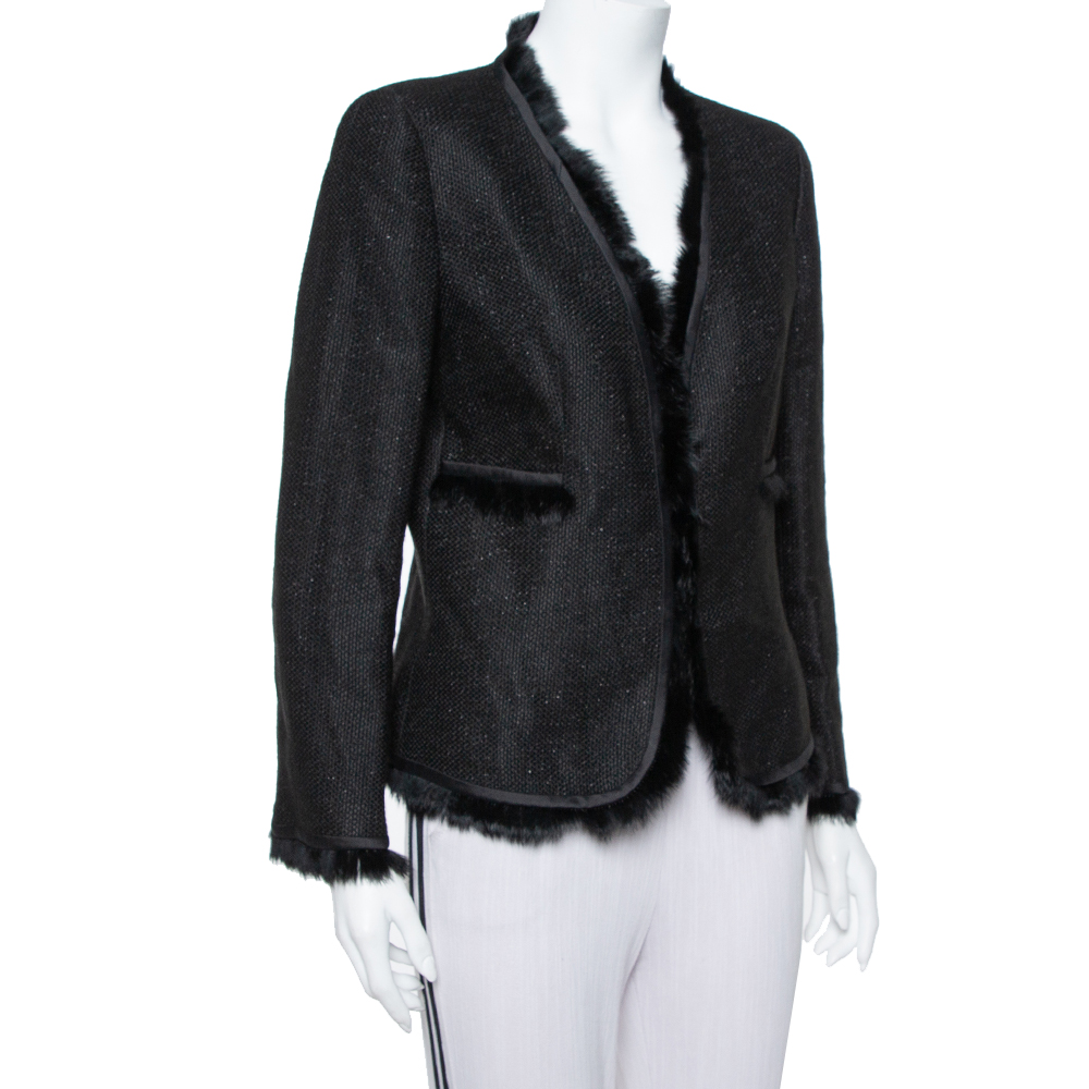 

CH Carolina Herrera Black Lurex Tweed Faux Fur Detail Jacket