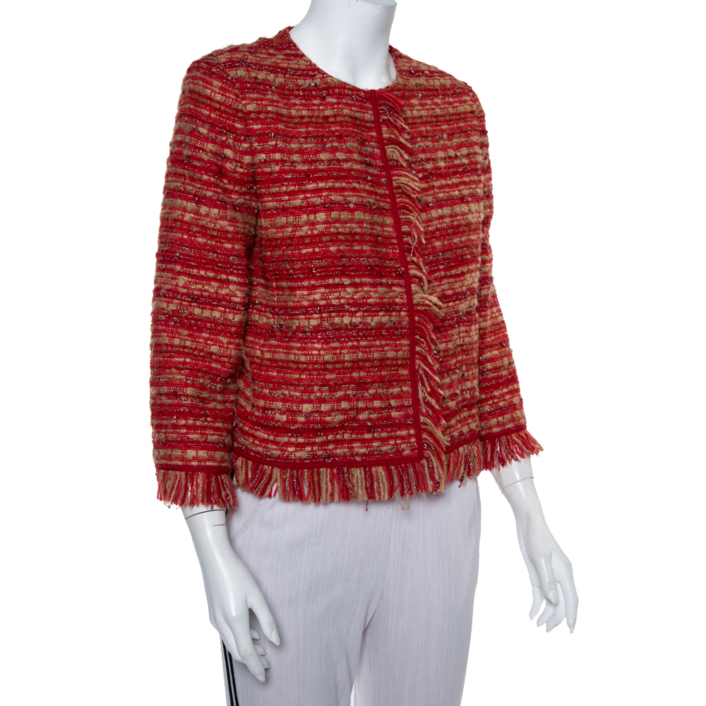 

CH Carolina Herrera Red & Beige Tweed Collarless Jacket