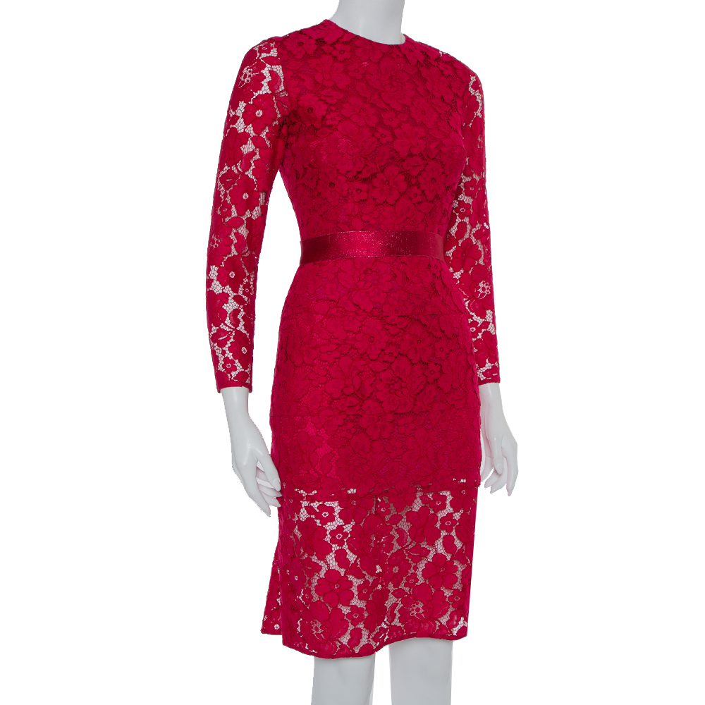 

CH Carolina Herrera Fuchsia Pink Lace Belted Sheath Dress