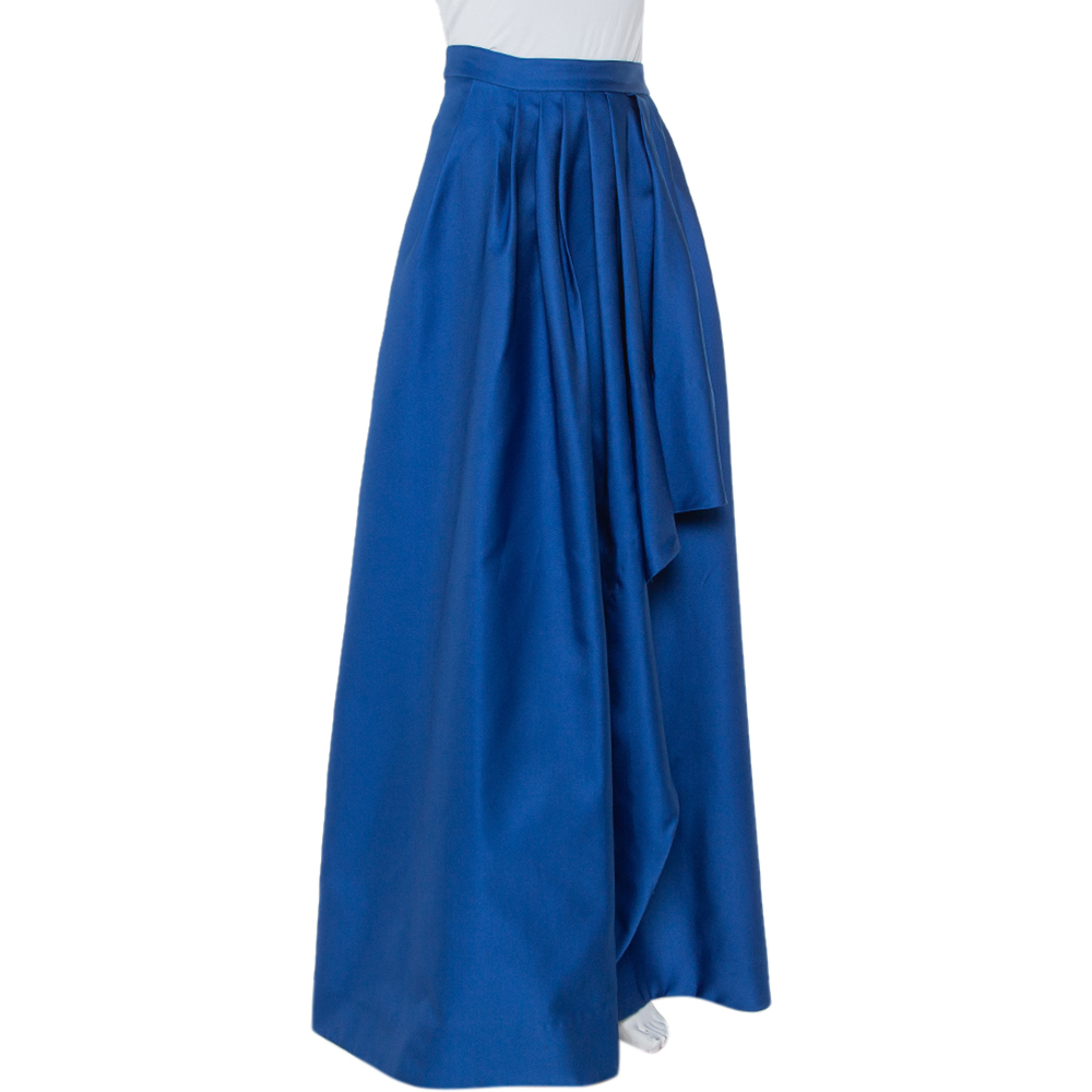 

CH Carolina Herrera Royal Blue Taffeta Pleated Front Detail Asymmetric Hem Maxi Skirt