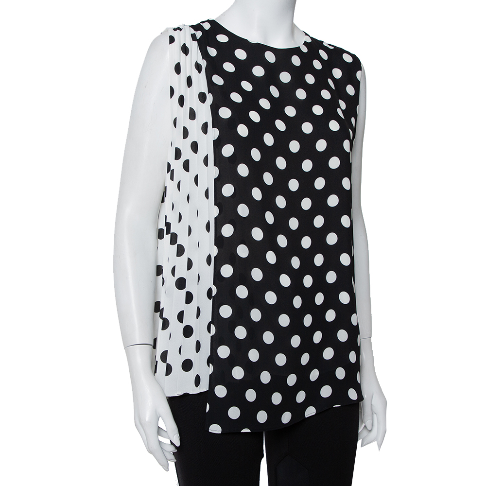 

CH Carolina Herrera Monochrome Polka Dot Printed Chiffon Pleated Sleeveless Top, Black