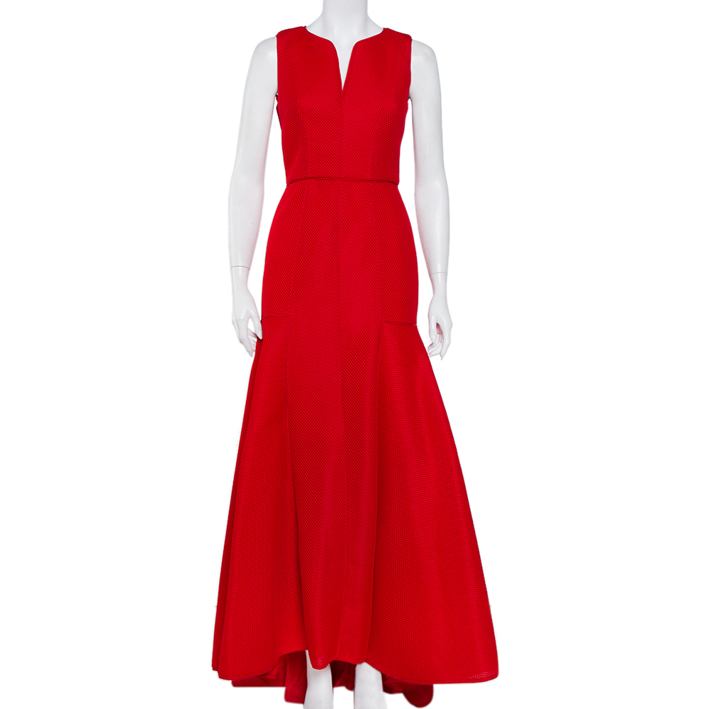 Pre-owned Ch Carolina Herrera Red Tricot Mesh Sleeveless Gown S