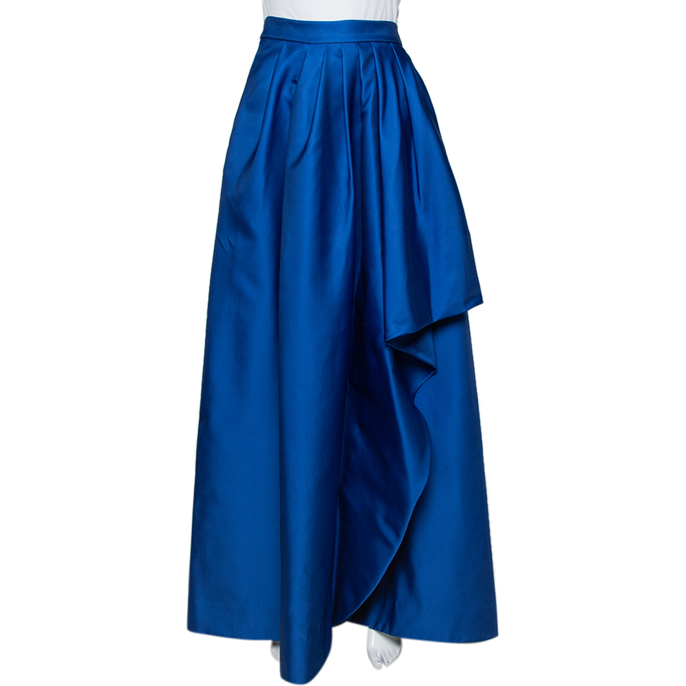 Pre-owned Ch Carolina Herrera Royal Blue Taffeta Pleated Front Detail Asymmetric Hem Maxi Skirt S