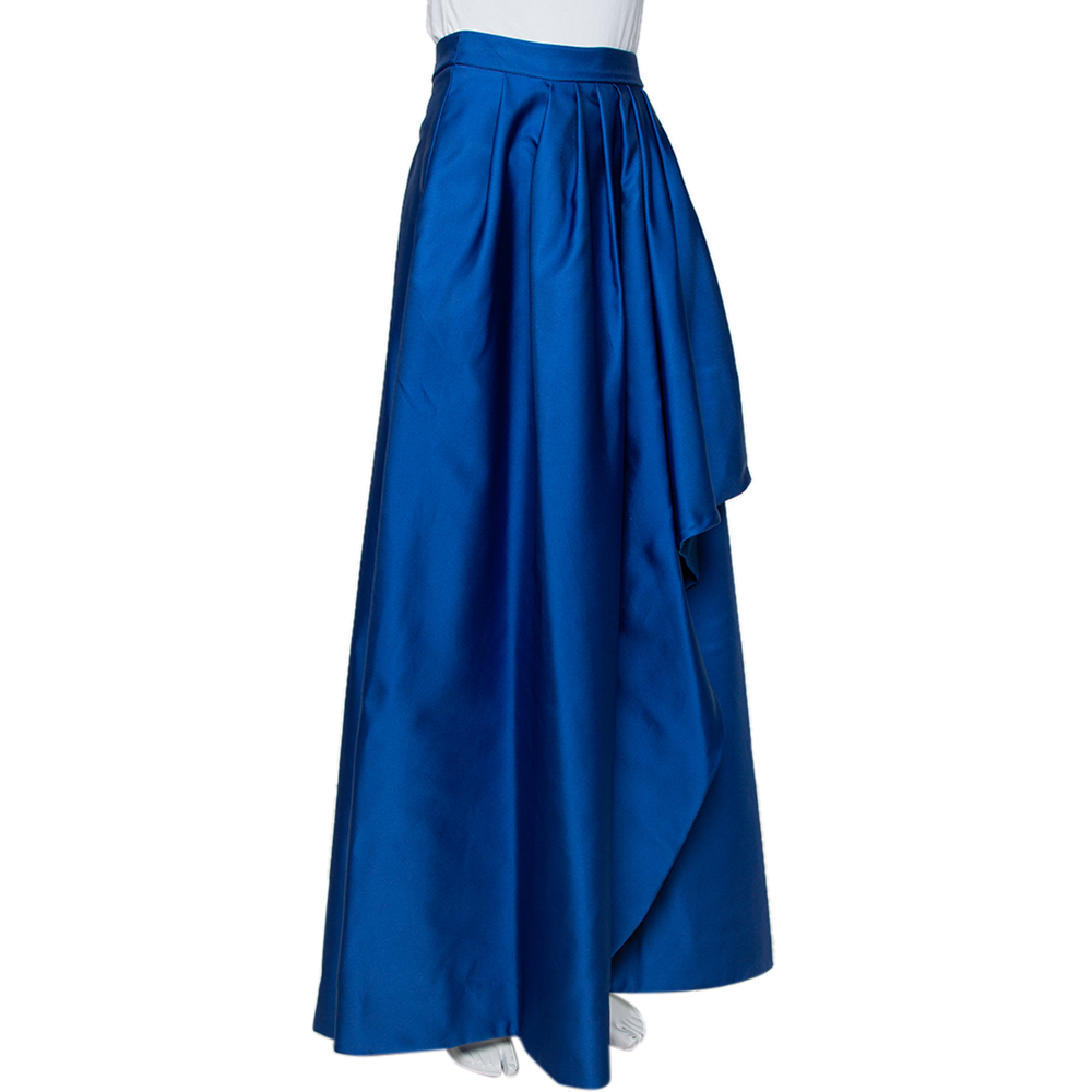 

CH Carolina Herrera Royal Blue Taffeta Pleated Front Detail Asymmetric Hem Maxi Skirt