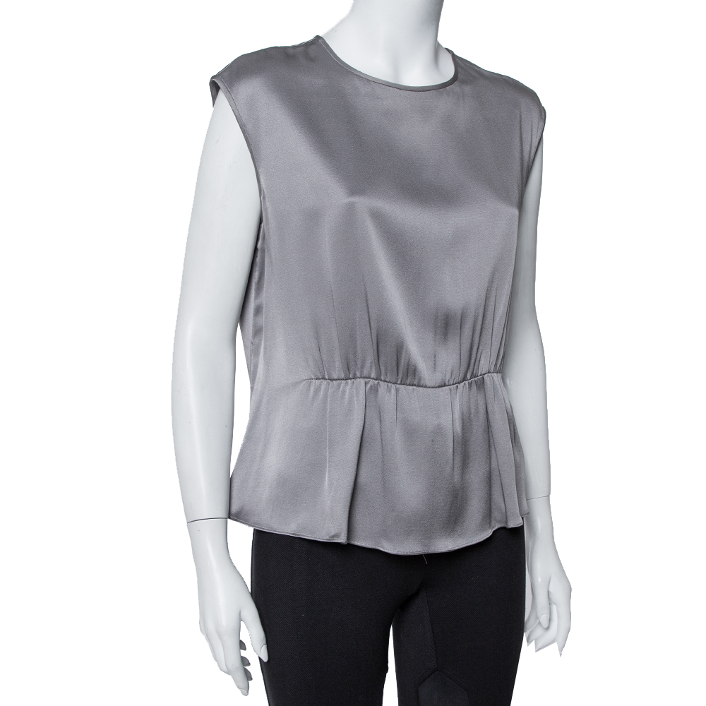 

CH Carolina Herrera Grey Silk Satin Ruched Sleeveless Top