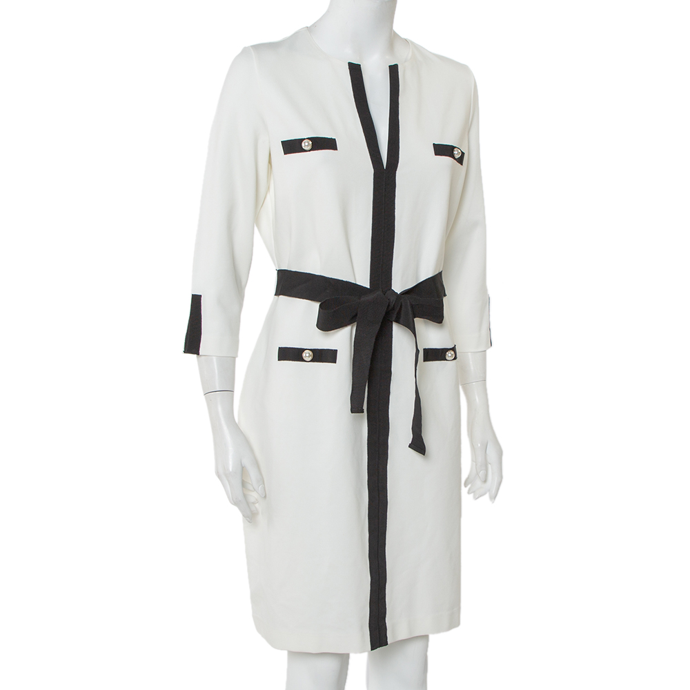 

CH Carolina Herrera White Knit Contrast Trim Detail Belted Midi Dress
