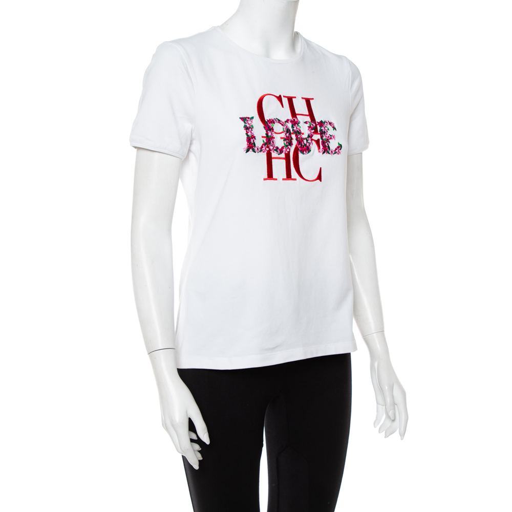 

CH Carolina Herrera White Cotton Logo & Love Embroidered Top