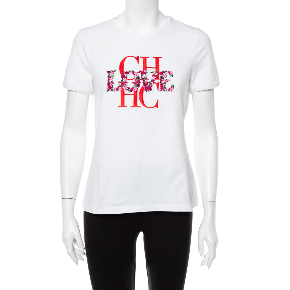 Pre-owned Ch Carolina Herrera White Cotton Logo Love Embroidered